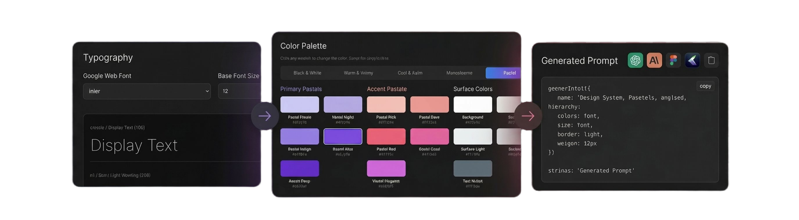 Design System Generator preview showing typography, color palette, and generated prompt